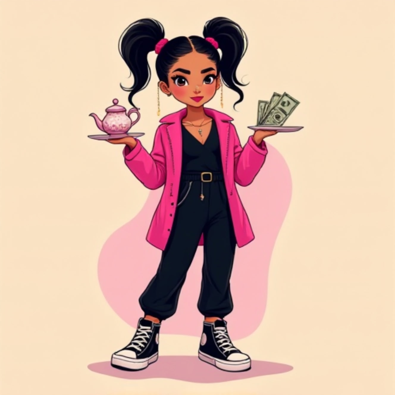 UR FINDS mascot holding a vintage teapot and cash