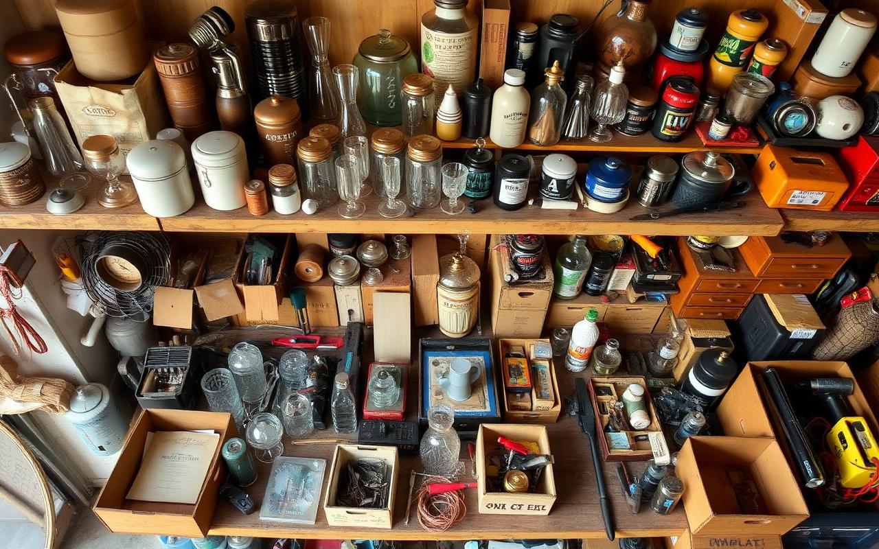 A cluttered garage shelf full of assorted items